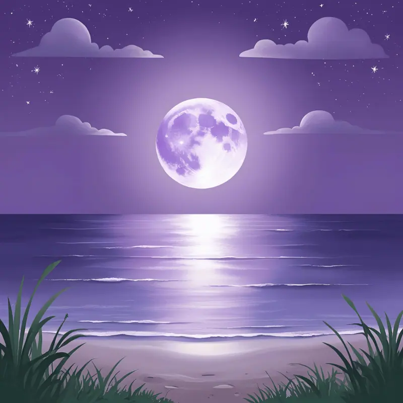 Lua cheia violeta sobre o mar, vista da praia